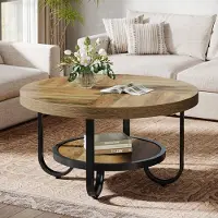 24hShop Rundt salongbord Ø79×45 cm / sofabord med 2 nivåer / stuebord i tre og metall – Brun/svart