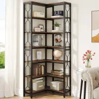 24hShop Hjørnebokhylle 60×60×200 cm / høy hjørnereol med 7 nivåer / bokhylle i tre og metall – Brun/svart
