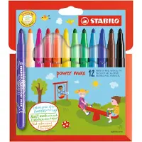 Stabilo Power Max Børnetusch 12 farver - 3mm streg - kan tåle at ligge uden hætte i op til 8 uger uden at tørre ud