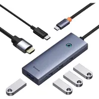 Baseus UltraJoy-serien 6-i-1-hub: USB-C til 1 x HDMI 4K@60Hz + 4 x USB-A 3.0 + 1 x USB-C PD – grå