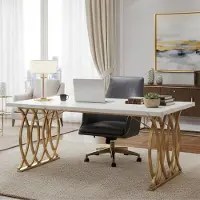 24hShop Skrivebord 160×80×75 cm / databord / kontorbord med marmormønstret plate og gullfarget metallramme