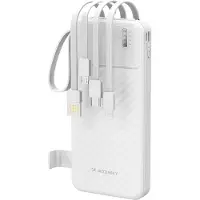Wozinsky W11-W 10000mAh powerbank med 4 kabler, telefonstativ og LED-lommelykt - hvit