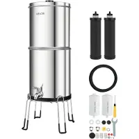Vevor gravitasjonsmatet vannfiltersystem, 8,52 l 304 rustfritt stål vannfiltreringssystem for benkeplate, reduserer bly og opptil 99 % klor, med 2 karbonfilter, 2 defluoreringsfilter, kran, stativ