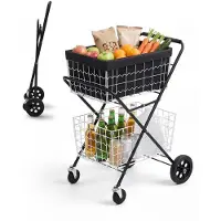 Vevor handlekurv med 2 etasjer og hjul, sammenleggbar for dagligvarer, 36 kg kapasitet, kraftig handlekurv med 2 avtakbare oppbevaringskurver, 360° svingbare hjul, for dagligvarer, lager, supermarked