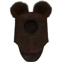 Huttelihut Balaclava - Ull/Bomull - Dark Brown Melange m. Pompom - - 2-4 år (92-104) - Balaclava - dobbel