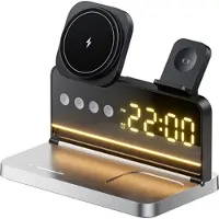 Mtp Products HT-568 3-i-1 magnetisk trådløs lader med vekkerklokke og skrivebordslampe - svart