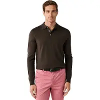 Hackett London for man. HM7000284 Merino Silk Knitted Polo dark brown (L), Green, Wool, Classic, Long sleeve
