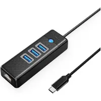ORICO PW3UR25-C3 USB-hub med 4 porter: 3 x USB-A 3.0 og 1 x RJ45 2,5G Ethernet, 0,15 m – svart