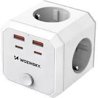 Wozinsky WKZ-4B Power Cube 3x vekselstrøm, 2x USB-A, 2x USB-C PD 20 W, 4000 W – hvit