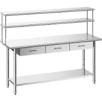 Vevor arbeidsbord i rustfritt stål, 61x183 cm matlagingsbord med overhyller og 3 skuffer, arbeidsstasjon for storkjøkken med justerbar underhylle, arbeidsbord i metall, restaurantgarasje