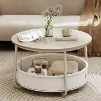 24.Se Rundt sofabord Ø75×45 cm / salongbord / stuebord med 57,7 l oppbevaringskurv – Beige/hvit