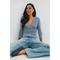 Gina Tricot  - Pointelle quartersleeve top - Langermede topper - Blå - XS - Dame