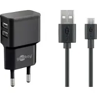 Goobay Dual Micro USB charger set - Strømadapter - 12 watt - 2.4 A - 2 utgangskontakter (USB) - på kabel: Micro-USB - svart