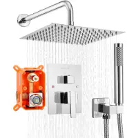Vevor dusjkransett, regndusjsystem for bad med 10-tommers (25,4 cm) firkantet regndusjhode og håndholdt spray, veggmonterte badekararmaturer med messingventil og pyntesett, sølvkrom