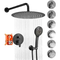 Vevor dusjkransett, regndusjsystem for bad med 12-tommers (30,5 cm) rundt regndusjhode og håndholdt spray, veggmonterte badekararmaturer med messingventil og pyntesett, matt svart