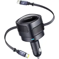 Baseus Billader Enjoyment Max 60 W / mobillader med uttrekkbar USB-C- og Lightning-kabel – Svart