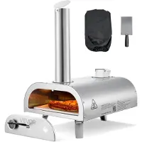 OEM Pizzaovn Utendørs, 12" pelletpizzaovn, Bærbar pizzaovn med innebygd termometer, Vedfyrt pizzamaskin i rustfritt stål, For hage, Camping, Pizzastein, Spade, Bæreveske, Sølv