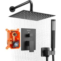 Vevor dusjkransett, regndusjsystem for bad med 10-tommers (25,4 cm) firkantet regndusjhode og håndholdt spray, veggmonterte badekararmaturer med messingventil og pyntesett, matt svart