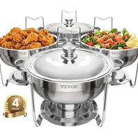 OEM varmefat buffetsett, 5 l 4-pakning, varmefat i rustfritt stål med 4 panner i full størrelse, rund cateringvarmer med lokk, vannpanne, sammenleggbart stativ, for bryllup, fester, banketter, sølv