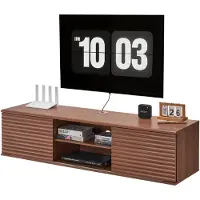 Vevor Flytende TV-stativ, 60" veggmontert underholdningssenter med justerbar hylle og skyvedører, 2-etasjes flytende TV-hylle med oppbevaringsskap for DVD-spiller, kabelboks, spillkonsoll, valnøtt