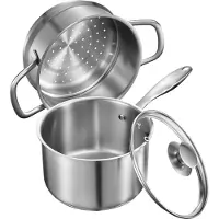 Vevor 2,5 QT kasserolle med dampkoker, kasserolle i rustfritt stål med glasslokk, multifunksjonell nonstick-sausgryte i rustfritt stål med ergonomisk håndtak, egnet for stekeovn, oppvaskmaskin, induks