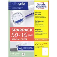 Avery Universaletiketter 210x297 mm, hvid med Ultragrip +30% ekstra indhold - (65 ark)