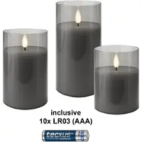 Goobay Sett med 3 LED-stearinlys i voks i et glass, grå-transparent, inkl. 10x AAA (LR03)