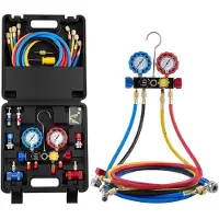 Vevor AC-manifoldmålersett for R134a R404A R1234yf R22 kjølemiddel, 4-veis AC-måler med 1,5 m slanger, adaptere, hurtigkoblinger, kannetapper for vedlikehold av klimaanlegg i biler, ladeevakuering