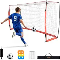 Vevor fotballmål 12 x 6 fot fotballnett for bakgård sammenleggbar base rød, bærbart og raskt oppsett, med metallbase, bæreveske, bakkespyd, for ungdom og voksne utendørs hagetrening