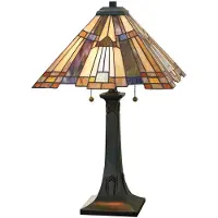 QUOIZEL Bordlampe Inglenook med fargerikt glass, høyde 64 cm