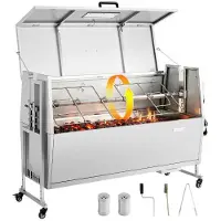 Vevor Rotisserie Grill, 38W BBQ utendørs gris- og lammespydsteker, kullspydsteker med 60 kg kapasitet, hjul og 4 høydenivåer, rotisseriegrillsett i rustfritt stål for camping utendørs fester