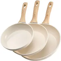 Vevor Stekepanne, Eggpanner i Aluminium, 3 stk (200, 240, 280 mm), Stekepanner i Kraftig Keramisk Stil med Varmebestandig Håndtak, Kokkens Kjøkkenutstyr for Gass, Elektrisk, Induksjon, Beige