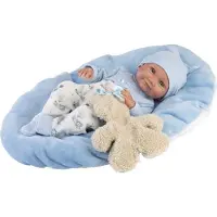 Llorens 73807 vinyldukke baby 40 cm Nico blå pute og kosedyr