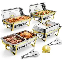 Vevor Varmekoppsett, 4 deler, Buffeter, 8,52 l hver, Varmebeholdere i rustfritt stål, Bryllup, Fester, Banketter, Sammenleggbart stativ, 2 beholdere i full størrelse og 4 beholdere i halv størrelse, S