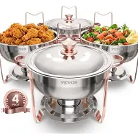 Vevor varmefat buffetsett, 5 l 4-pakning, varmefat i rustfritt stål med 4 panner i full størrelse, rund cateringvarmer med lokk, vannpanne, sammenleggbart stativ, klips, for bryllup, fester og bankett