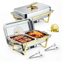 Vevor Varmetallsett, 2 deler, Buffeter, 8,52 l hver, Varmebeholdere i rustfritt stål, Bryllup, Fester, Banketter, Sammenleggbart stativ, 1 beholder i full størrelse og 2 beholdere i halv størrelse, Se