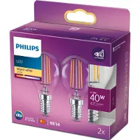 Philips - LED-filamentlyspære - form: P45 - klar finish - E14 - 4.3 W (ekvivalent 40 W) - klasse F - varmt hvitt lys - 2700 K (en pakke 2)
