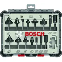 Bosch Sett med fresejern, 15 deler, blandet, 6 mm skaft 15-piece Mixed Application Router Bit Set.