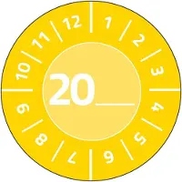 Avery Gul inspektionsetiket Ø30 mm med årstal 20__ til selv at udfylde, Vinyl Gul - (10 ark x 8 stk.)