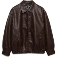 Superdry for woman. W5012158A Brown Collared Oversized Leather Jacket (L), Casual, Polyester
