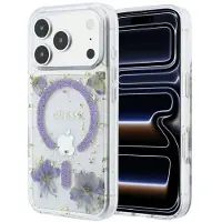 GUESS Resin Flowers Glitter MagSafe-etui til iPhone 18 Pro Max / 17 Pro Max – Lilla