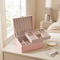 Songmics Smykkeskrin med 2 etasjer – Rosa / Smykkeoppbevaring med rom / Smykkeboks med brett