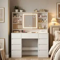 24.Se Sminkebord med LED-speil 40 x 110 cm / toalettbord med stikkontakt / hvitt makeupbord med 9 skuffer